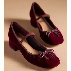 Anthropologie Maeve Ballet Heels Velvet Wine Burgundy Strap Women's Size US 9